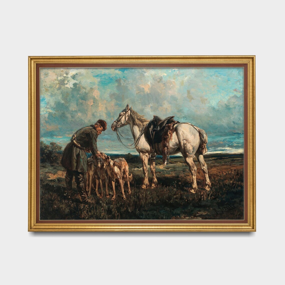 Hunter with His Horse and Hounds Vintage Equestrian Oil Poster - Image 5