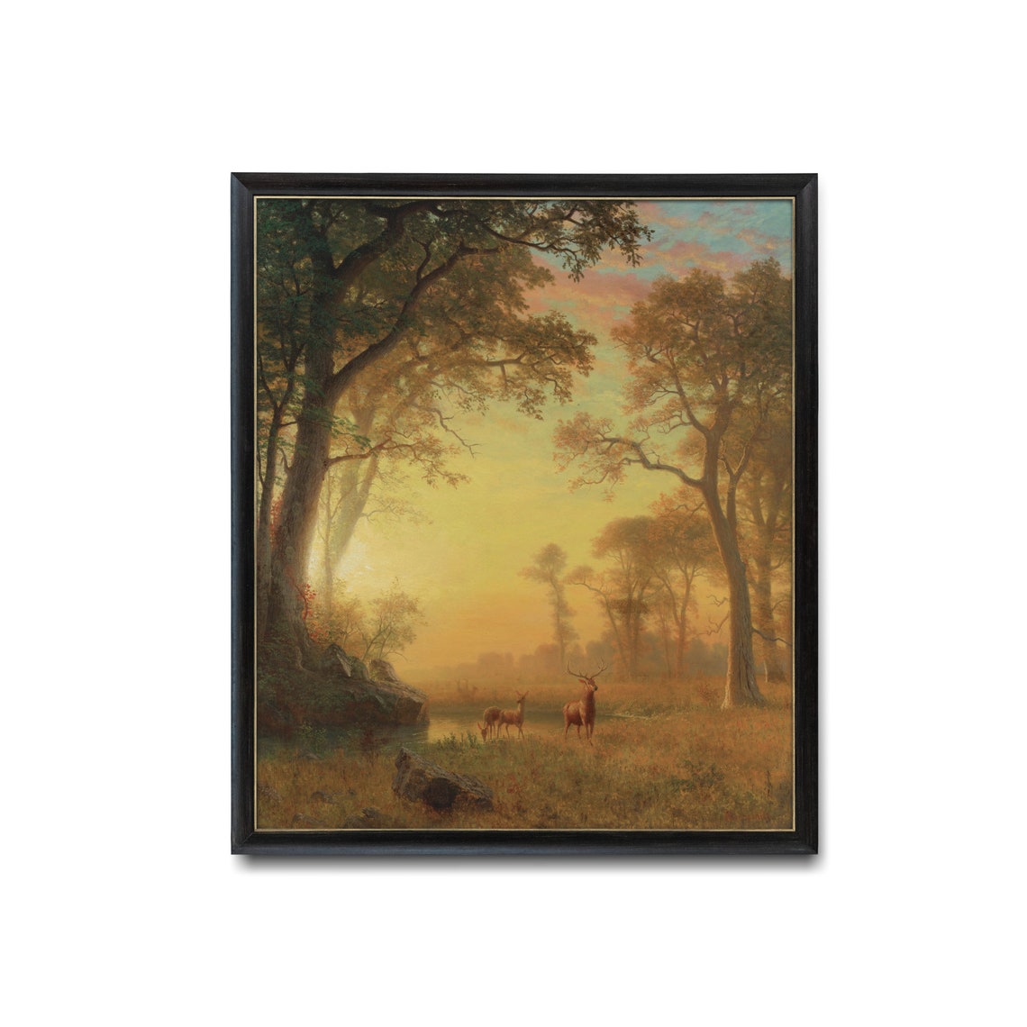 Golden Sunset Forest With Deer Vintage Luminous Landscape Poster - Image 4