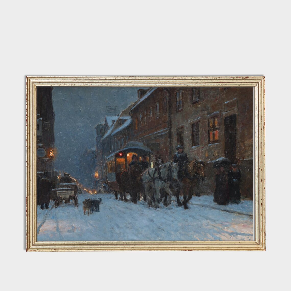 Antique Snowy Night Street With Horse Tram Painting Wall Poster - Image 3