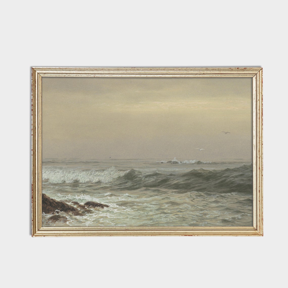 Ocean Waves on Rocks Overcast Vintage Seascape Oil Painting Poster - Image 2