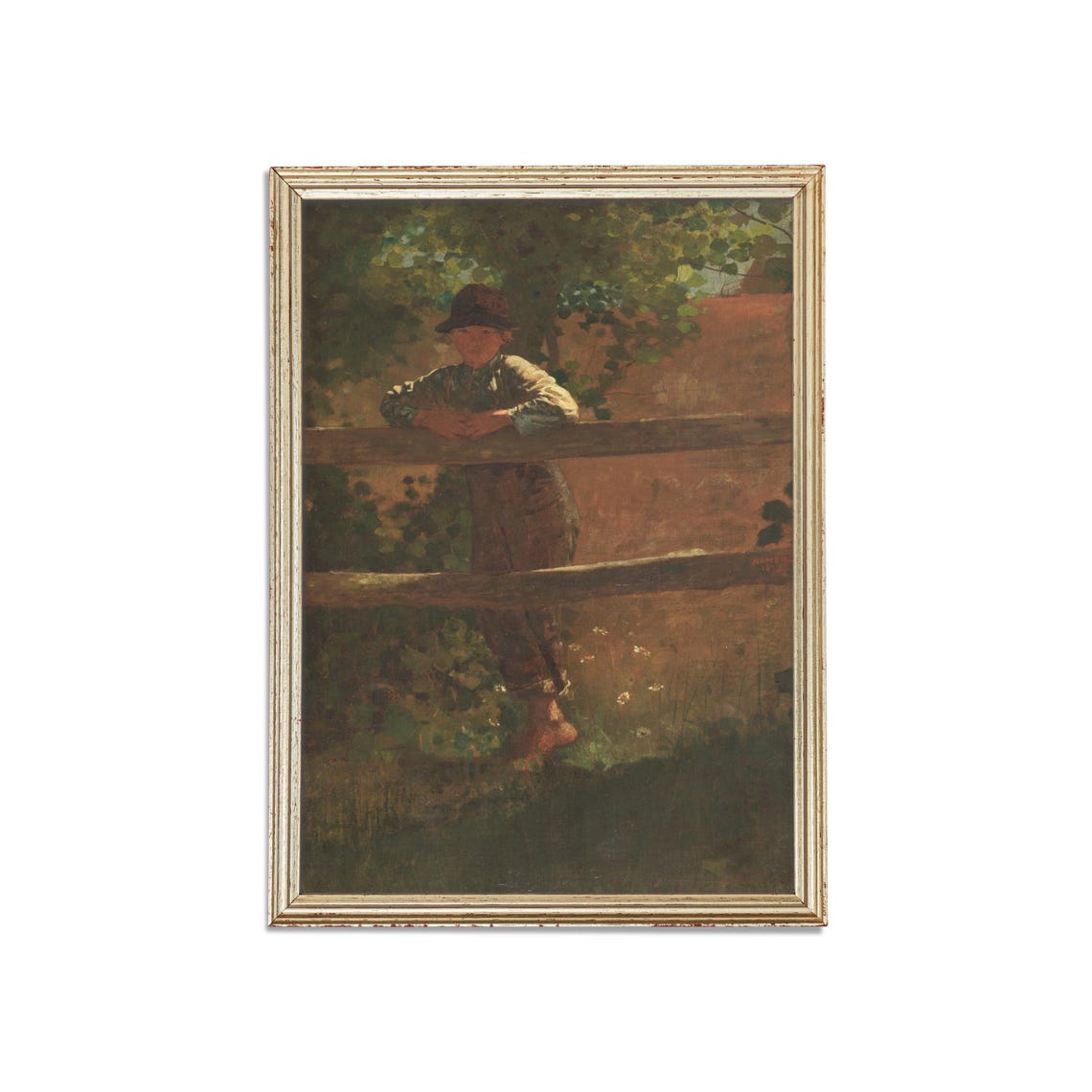 Barefoot Boy Leaning on a Weathered Wooden Fence Vintage Poster - Image 3