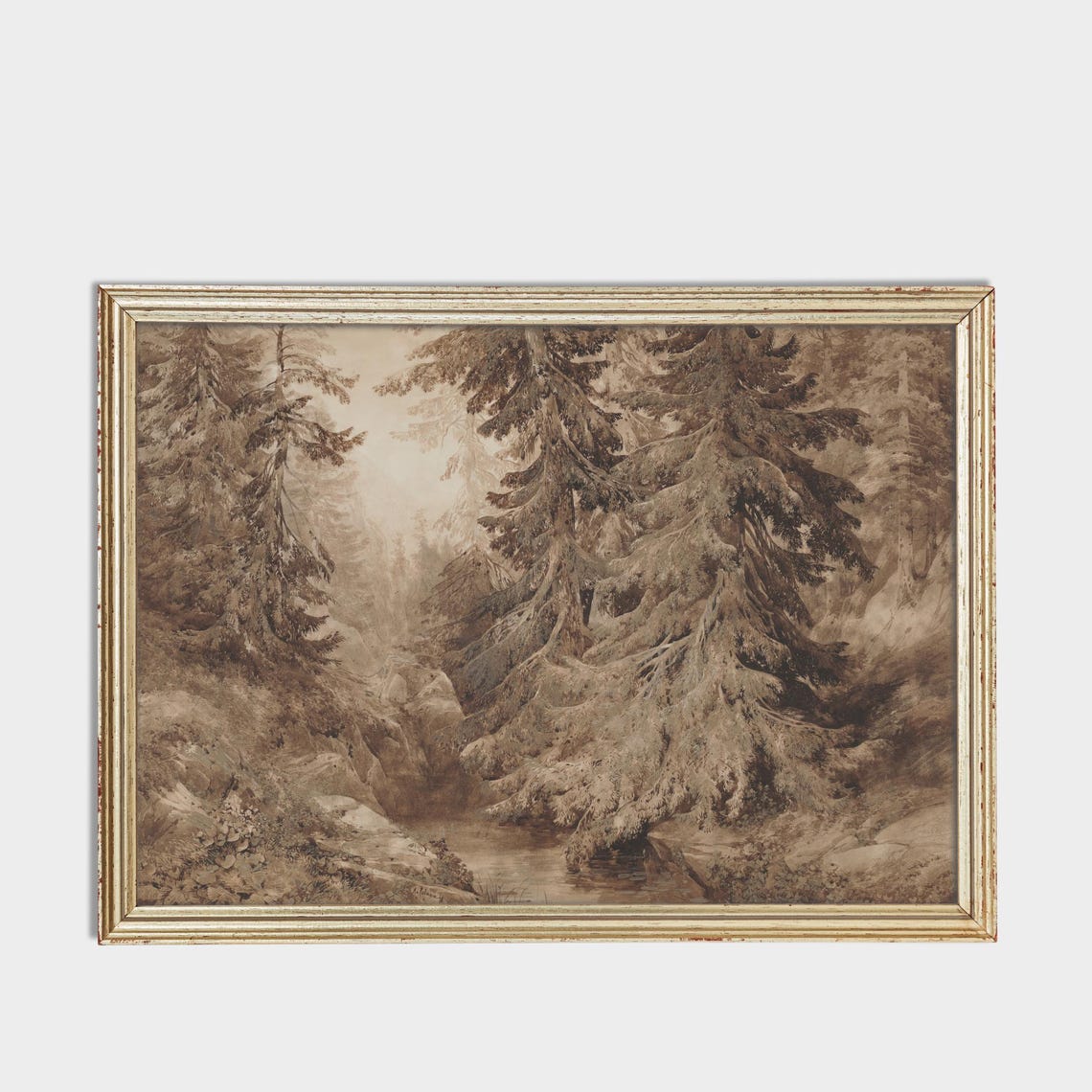 Towering Pines Along a Mountain Stream Vintage Sepia Drawing Poster - Image 3