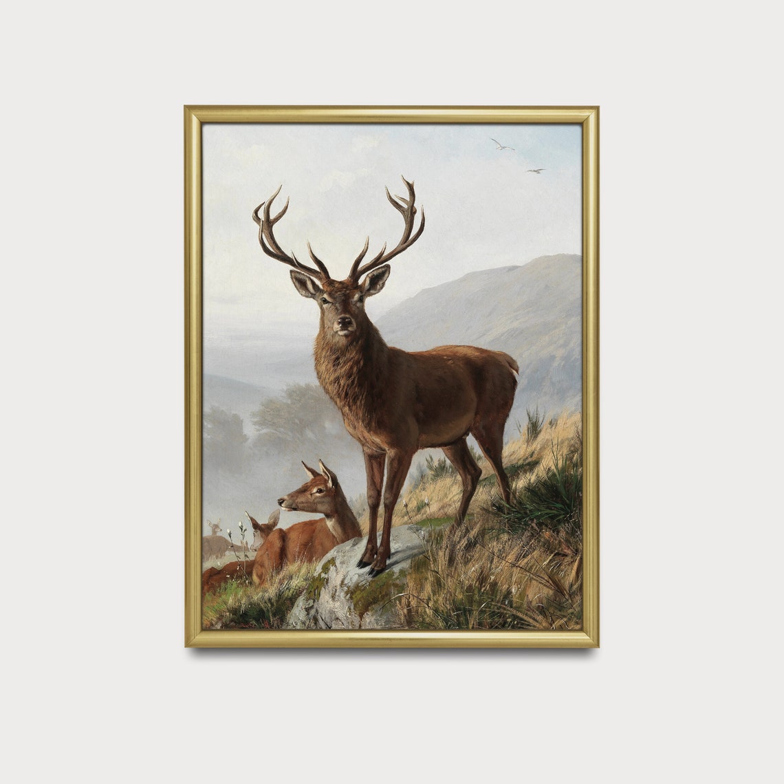 Majestic Red Deer Stag on Rocky Crag with Herd Vintage Wildlife Poster - Image 3
