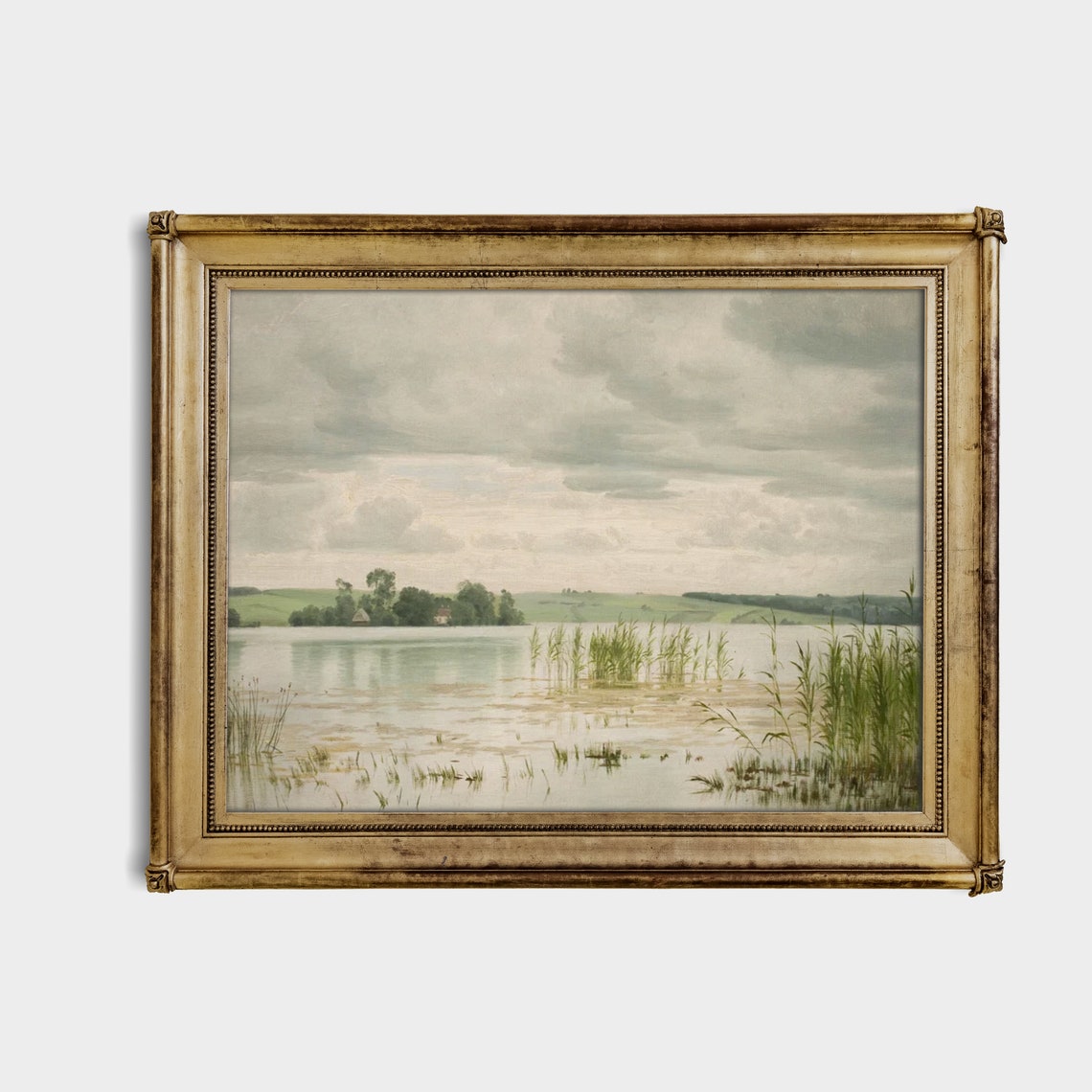 Calm Lake with Reeds Reflected Under a Cloudy Sky Landscape Oil Print - Image 4