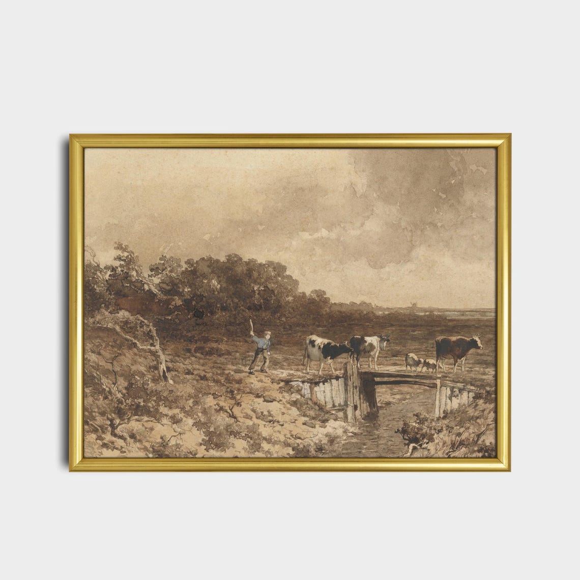 Boy Herding Cows Across Bridge Sepia Country Sketch Art Poster - Image 2