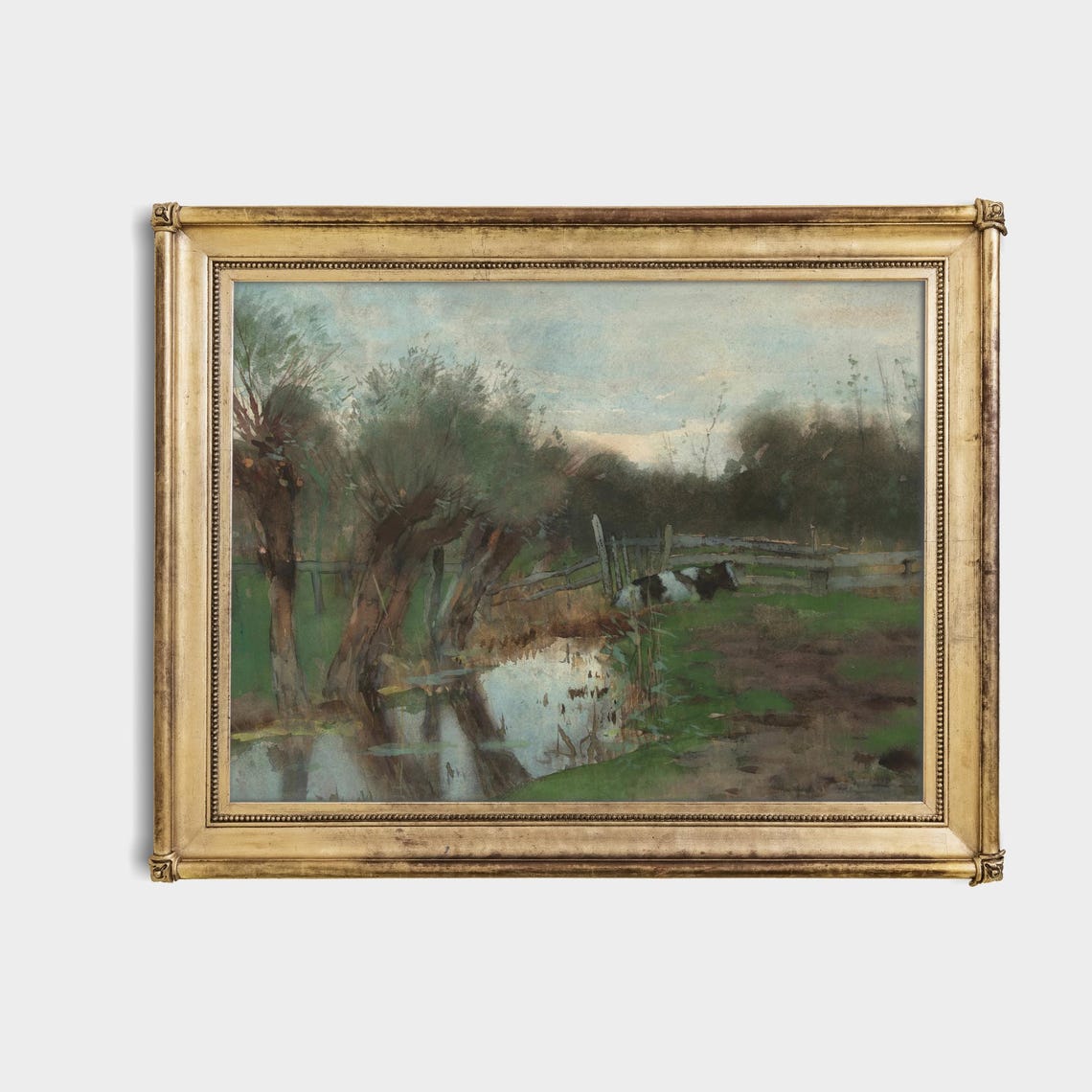 Cows Watering Pond Willow Trees Watercolor Rural Meadow Art Poster - Image 4