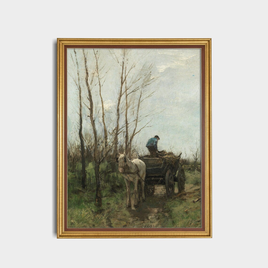 White Horse Pulling a Wooden Cart on a Country Road Antique Poster - Image 5