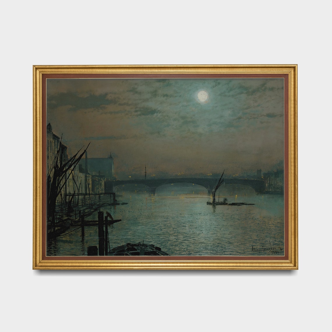 Moonlit River Bridge with Barges Night Cityscape Painting Poster - Image 5