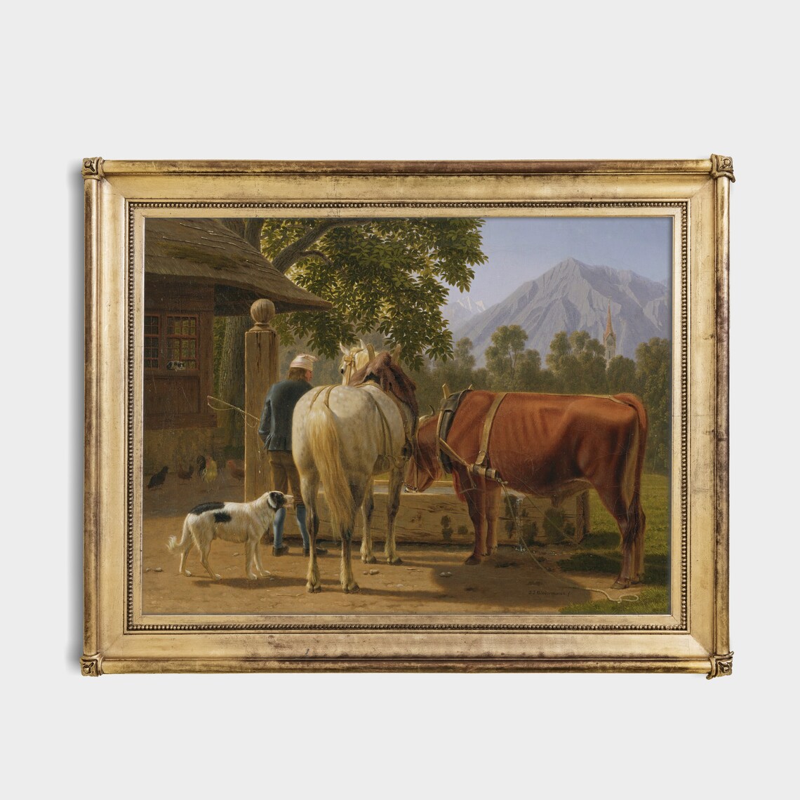 Farmyard Horse Cow and Dog at the Trough Alpine Scene Poster - Image 3