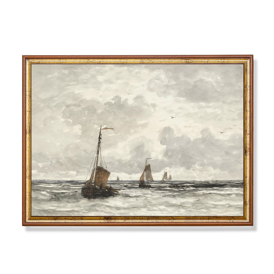 Fishing Boats on a Stormy Gray Sea Vintage Nautical Painting Poster