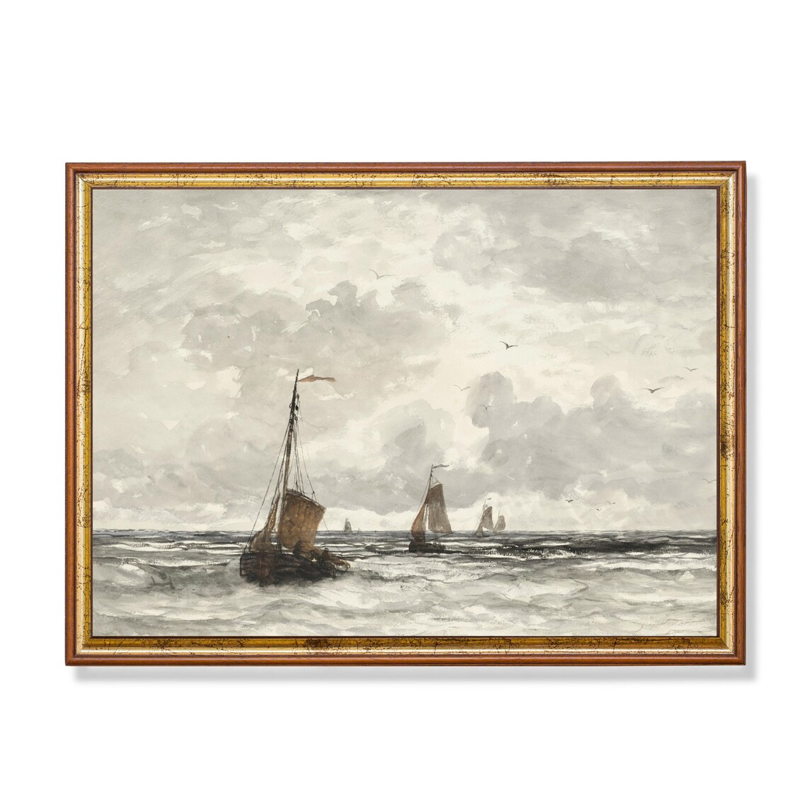 Vintage Sailing Boats On Choppy Sea Cloudy Sky Seascape Art Poster