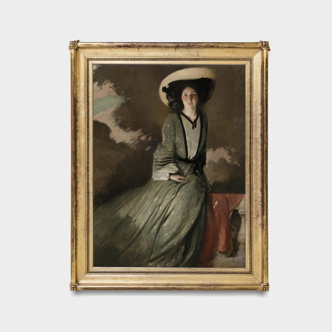 Vintage Woman in Hat Portrait Green Gown Antique Elegant Wall Art - Image 3