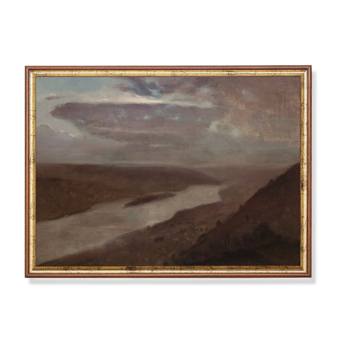 Moody River Valley at Dusk Under Heavy Clouds Tonalist Painting Poster