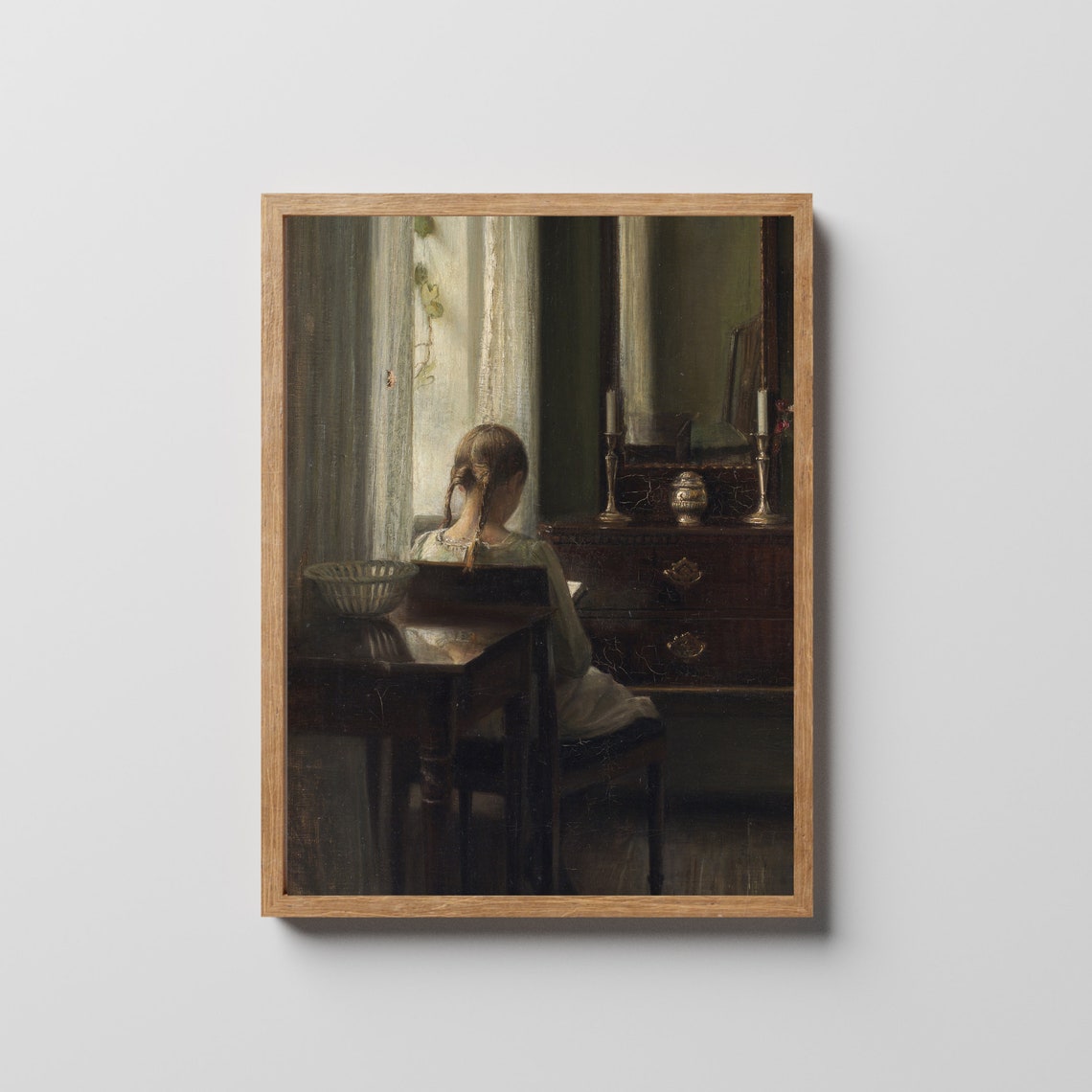 Young Girl Reading by the Window Quiet Interior Painting Poster - Image 2