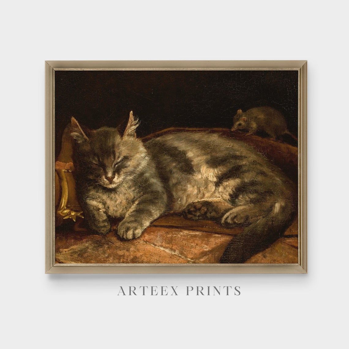Sleeping Grey Cat With A Mouse On Its Back Vintage Animal Poster - Image 3