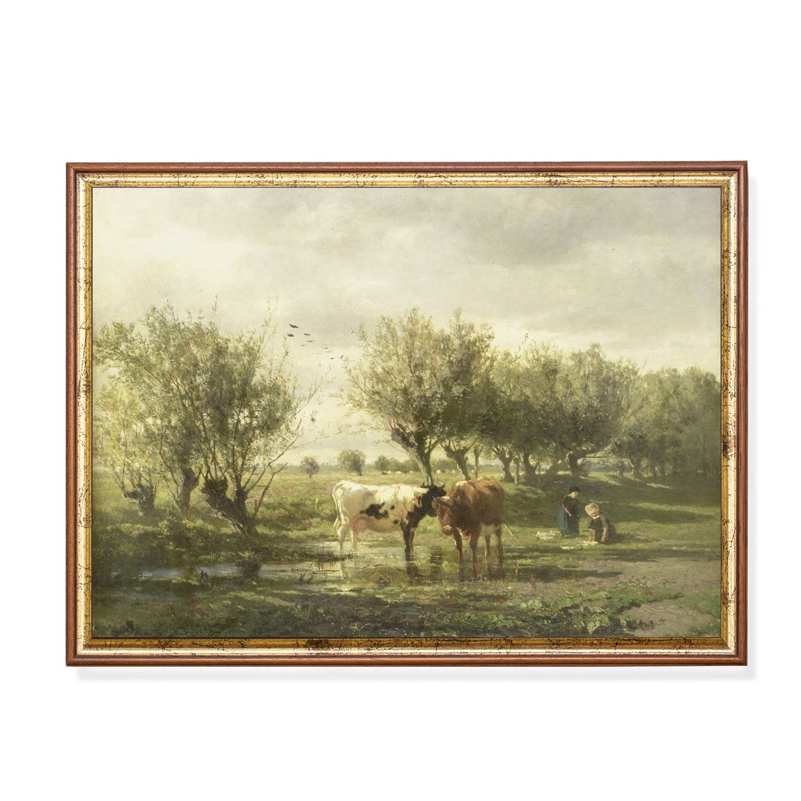 Cows Watering At Meadow Stream Dutch Pastoral Landscape Art Poster