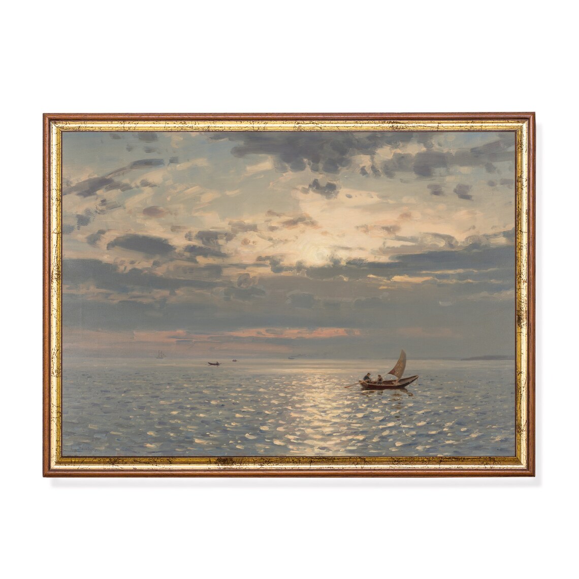 Tranquil Moonlit Seascape with a Fishing Boat on Silver Water Poster
