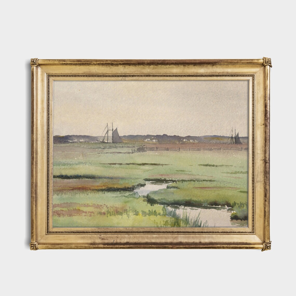 Watercolor Coastal Marsh Painting Muted Sailboats Antique Wall Art - Image 3