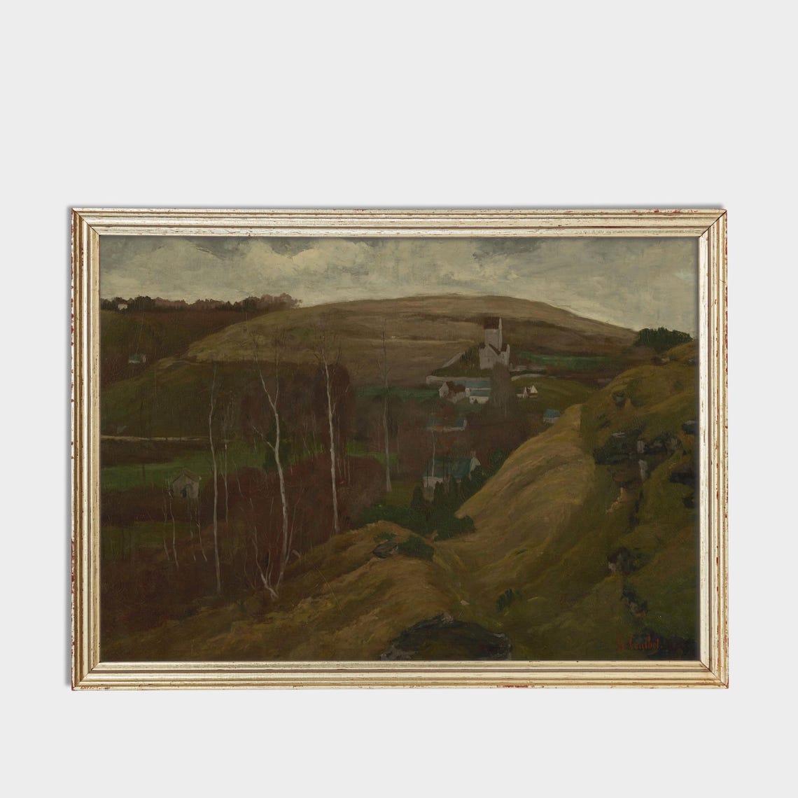 Rolling Hills Village Church Spire Antique Landscape Painting Poster - Image 3