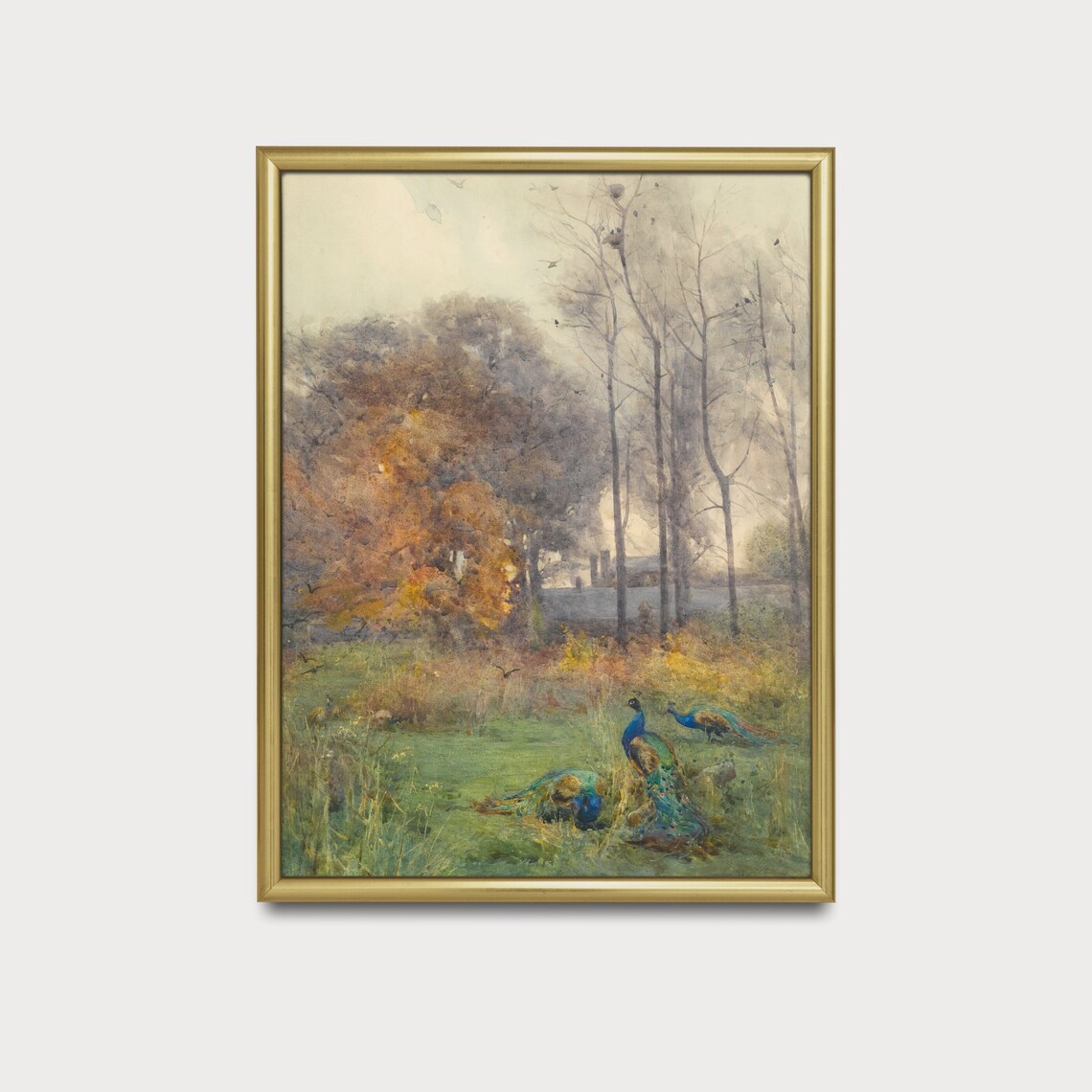 Peacocks Resting in a Misty Autumn Woodland Watercolor Poster - Image 2
