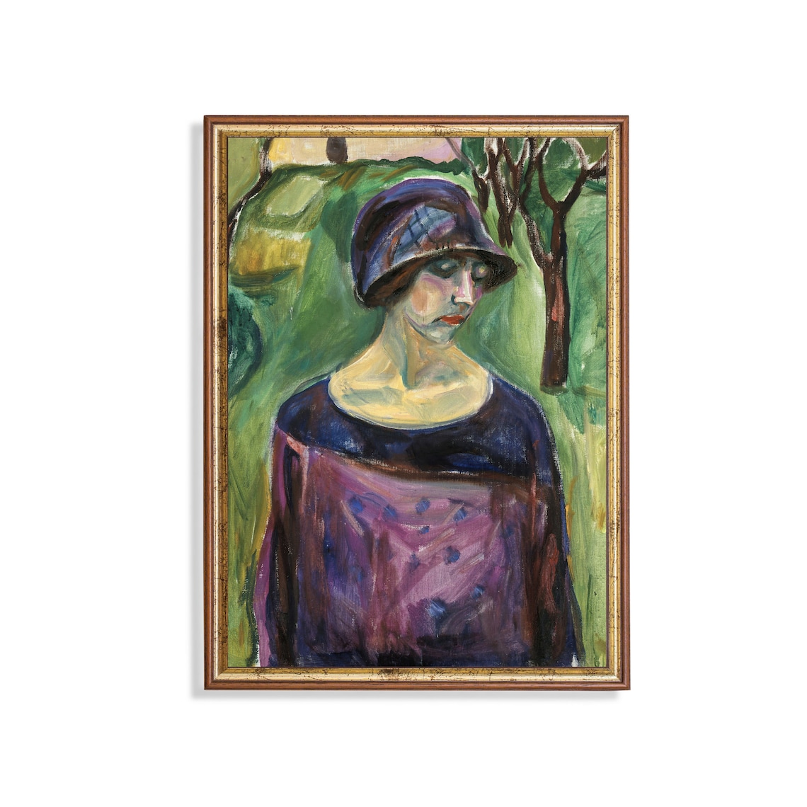 Woman in a Purple Dress and Cloche Hat in a Green Garden Poster
