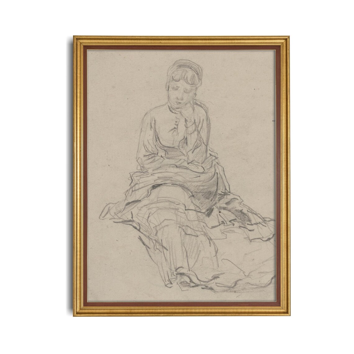 Seated Young Woman In A Dress Pencil Sketch Vintage Drawing Poster - Image 4