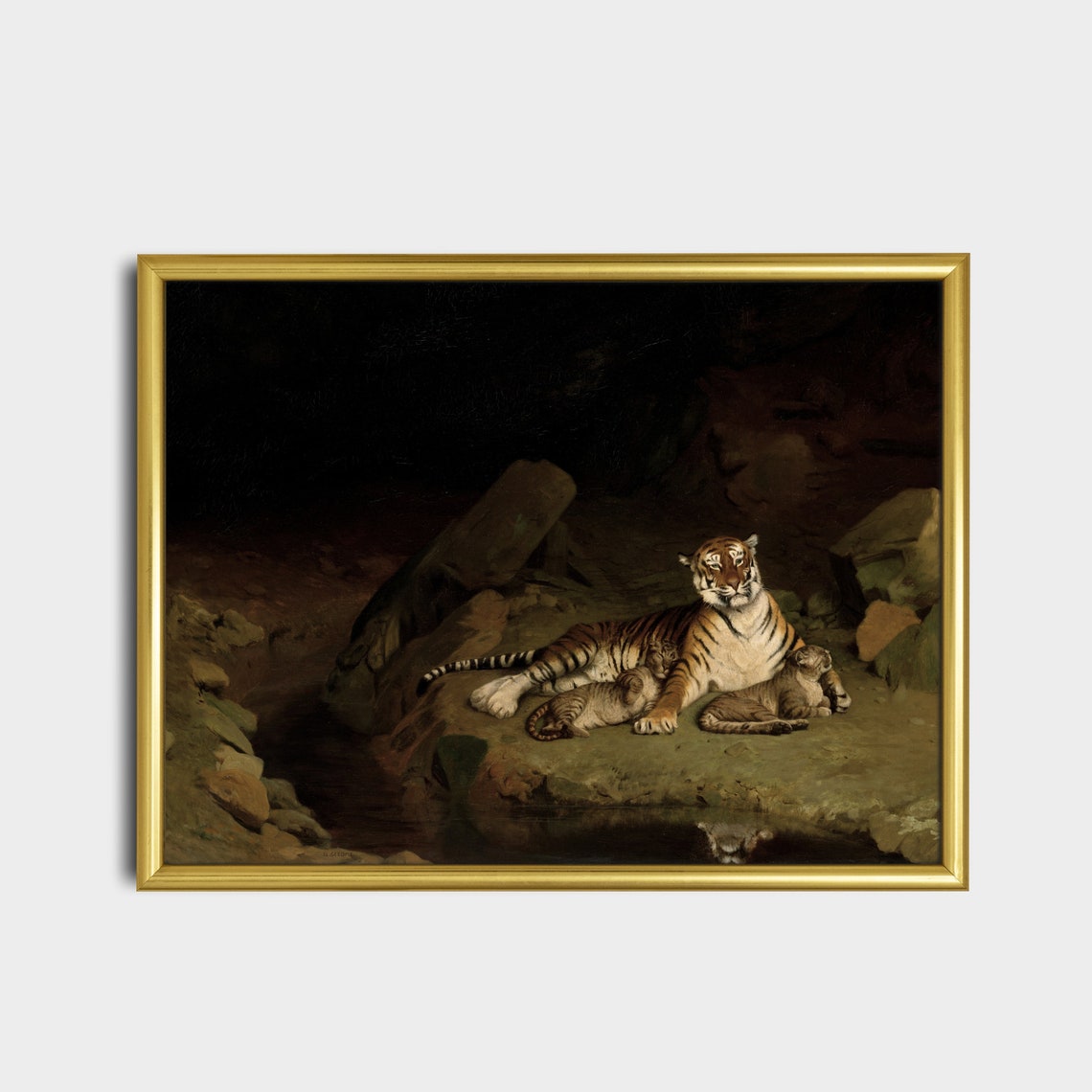 Printed And Shipped Tigers Painting Vintage Animal Print Dark Moody Rustic Wall Art Tiger And Cubs Oil Painting Farmhouse Decor - Image 5