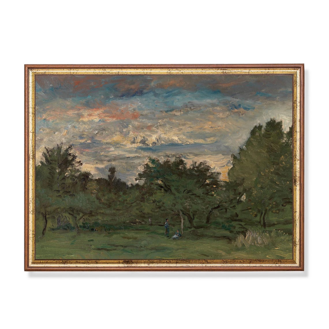 Sunset Over A Green Orchard With Figures Vintage Landscape Poster