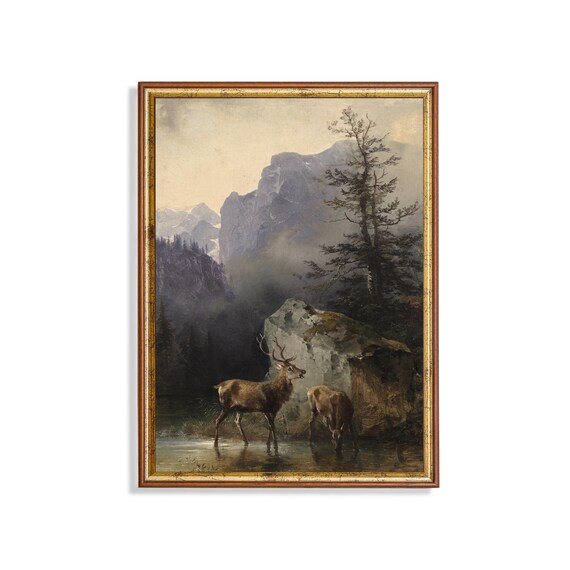 Two Red Deer Drinking at Mountain Lake Vintage Wildlife Poster