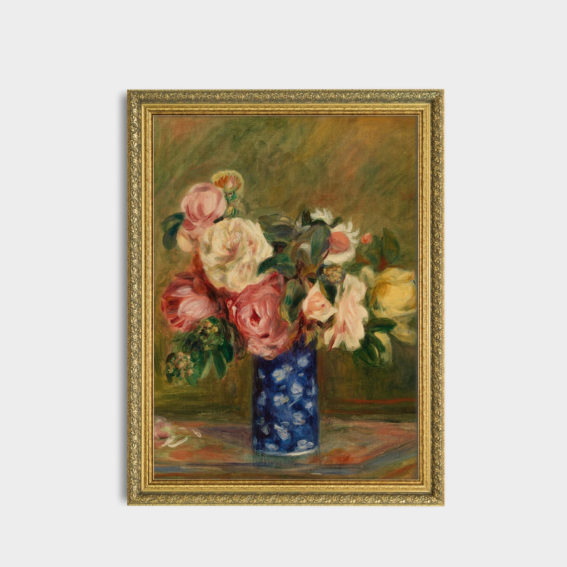 Pink Roses Blue Patterned Vase Impressionist Vintage Floral Art Poster - Image 2