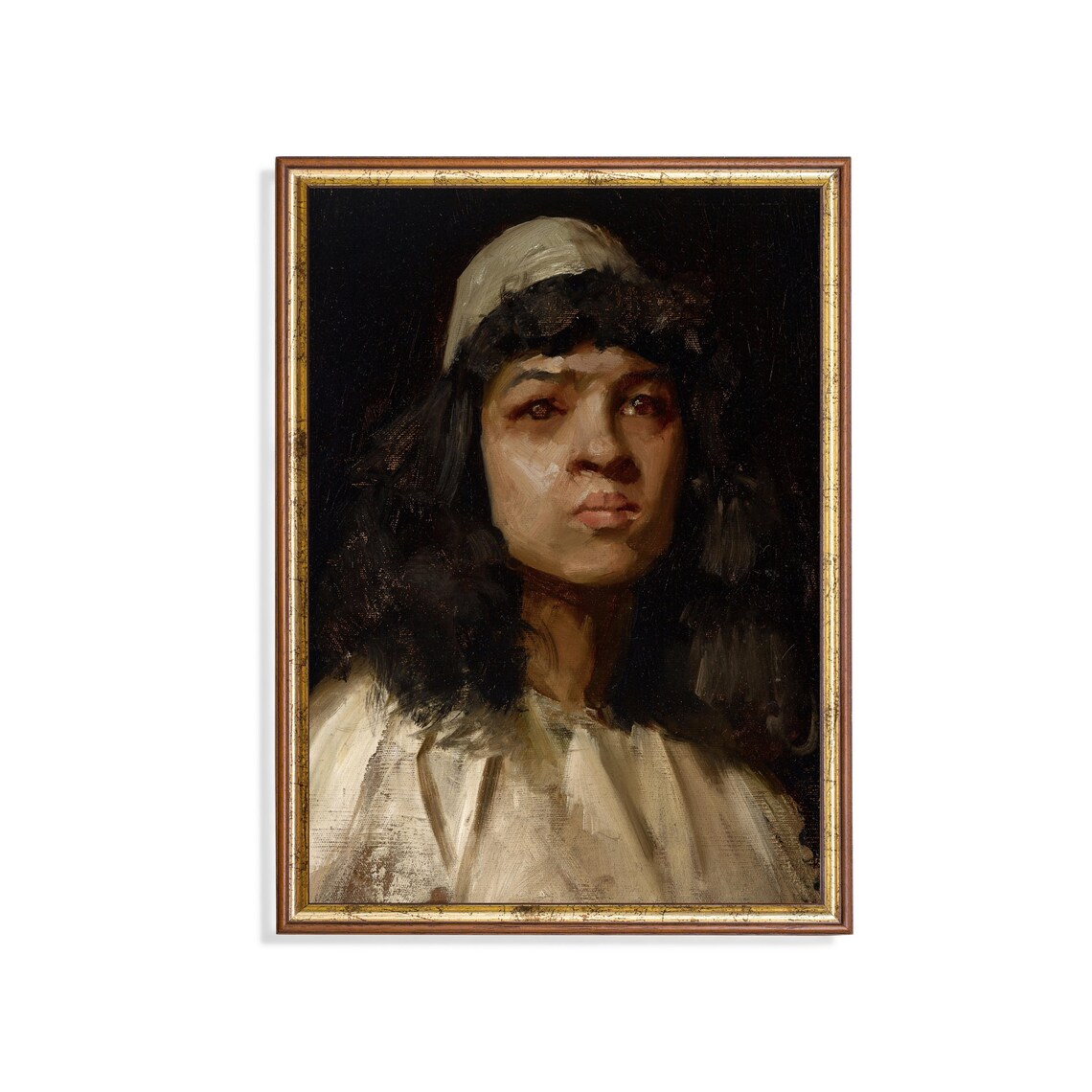 Woman In White Cap And Shawl With Dark Hair Antique Portrait Poster