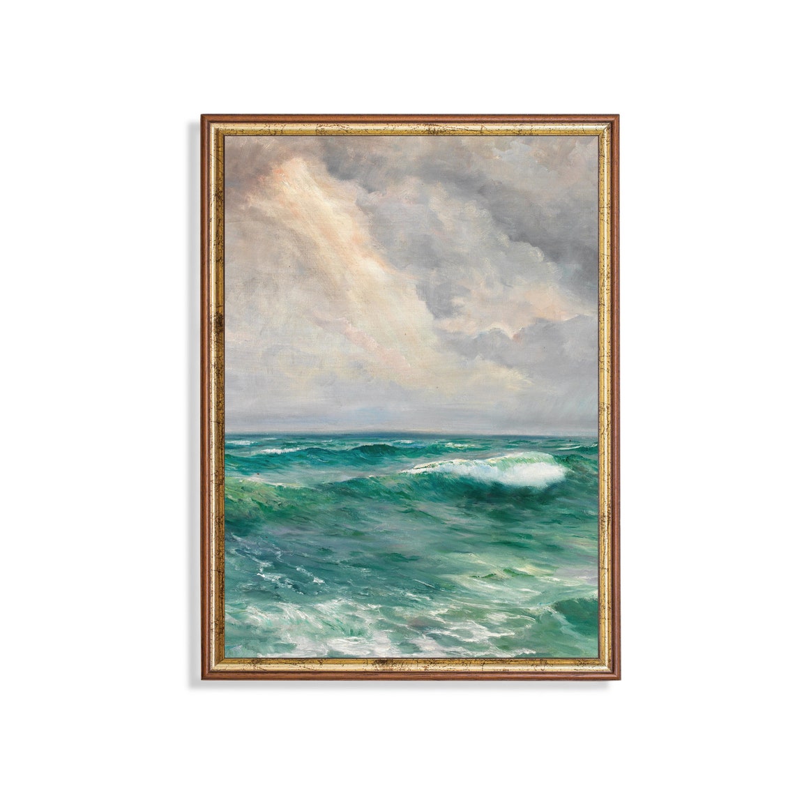 Emerald Ocean Waves Rolling Under a Soft Cloudy Sky Vintage Poster