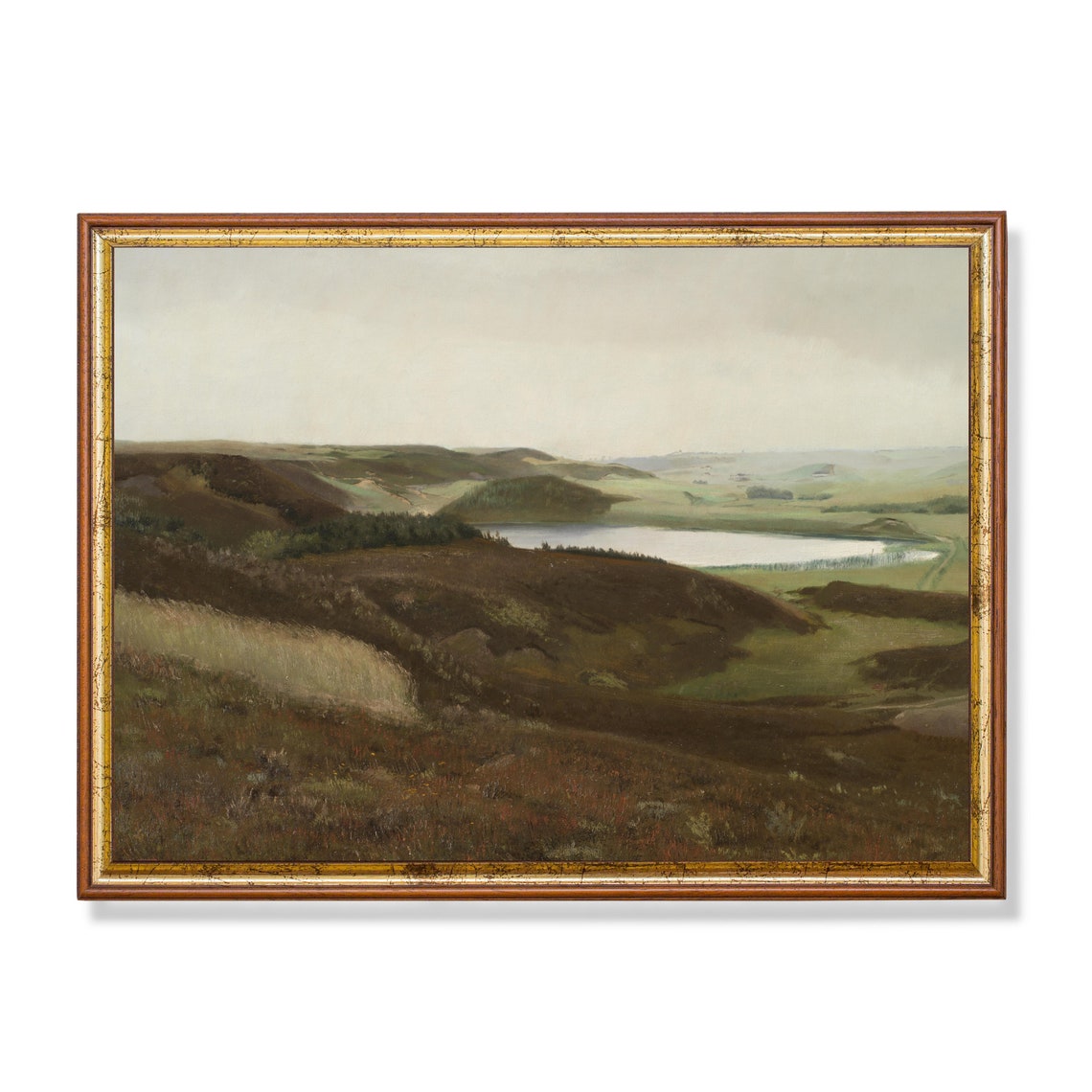 Misty Mountain Lake with Wooded Islands Antique Landscape Poster