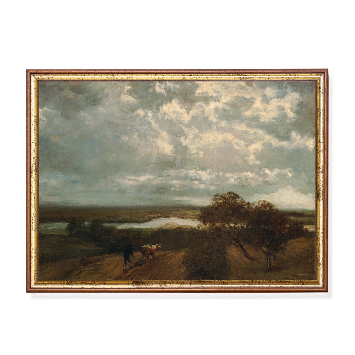 Stormy Countryside With Ploughman And Oxen Vintage Rural Poster