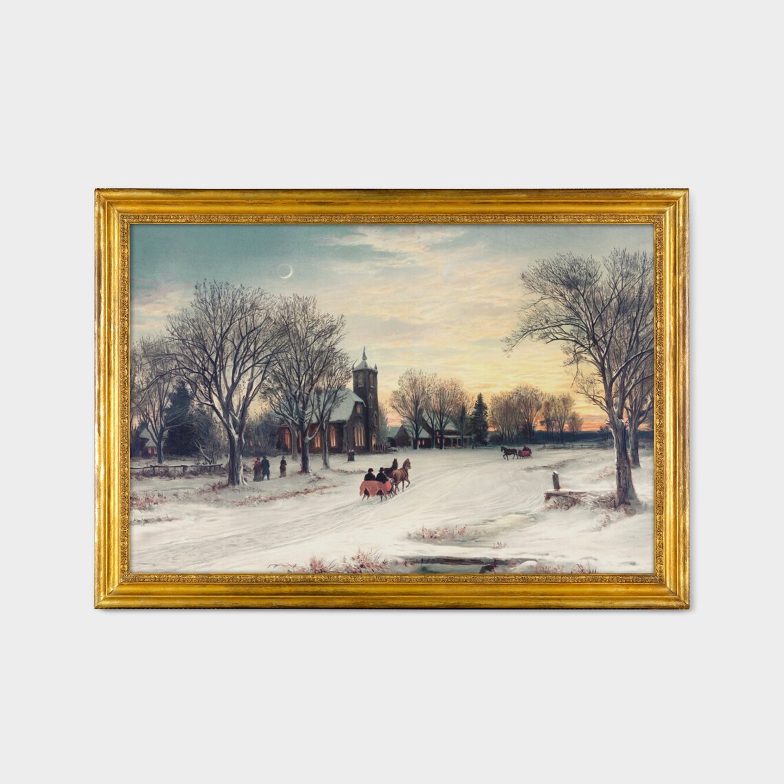 Village Church at Sunset in Winter with Horse Sleighs Poster - Image 2