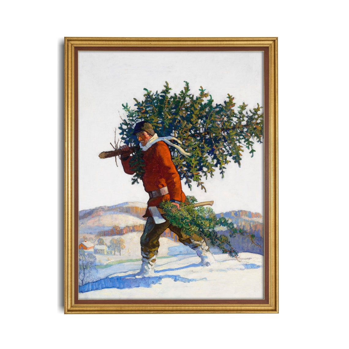 Man Carrying Christmas Tree Through Snow Vintage Winter Poster - Image 2