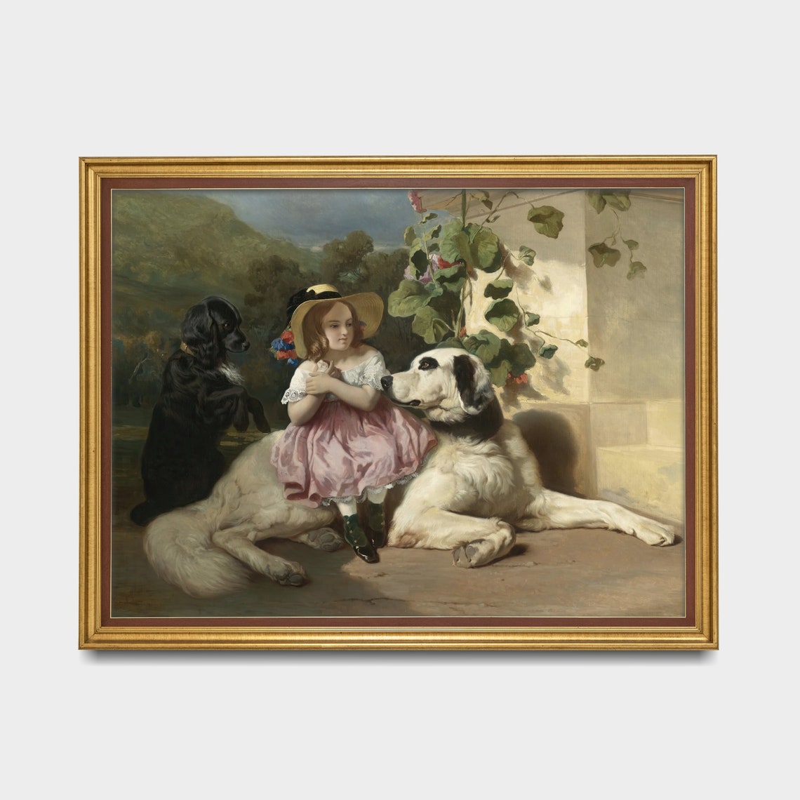 Little Girl With Two Big Dogs Victorian Genre Scene Painting Poster - Image 5