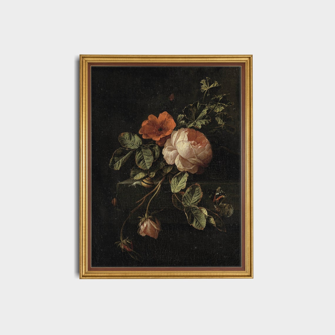 Moody Pale Rose Still Life With Butterfly Dark Floral Poster - Image 2