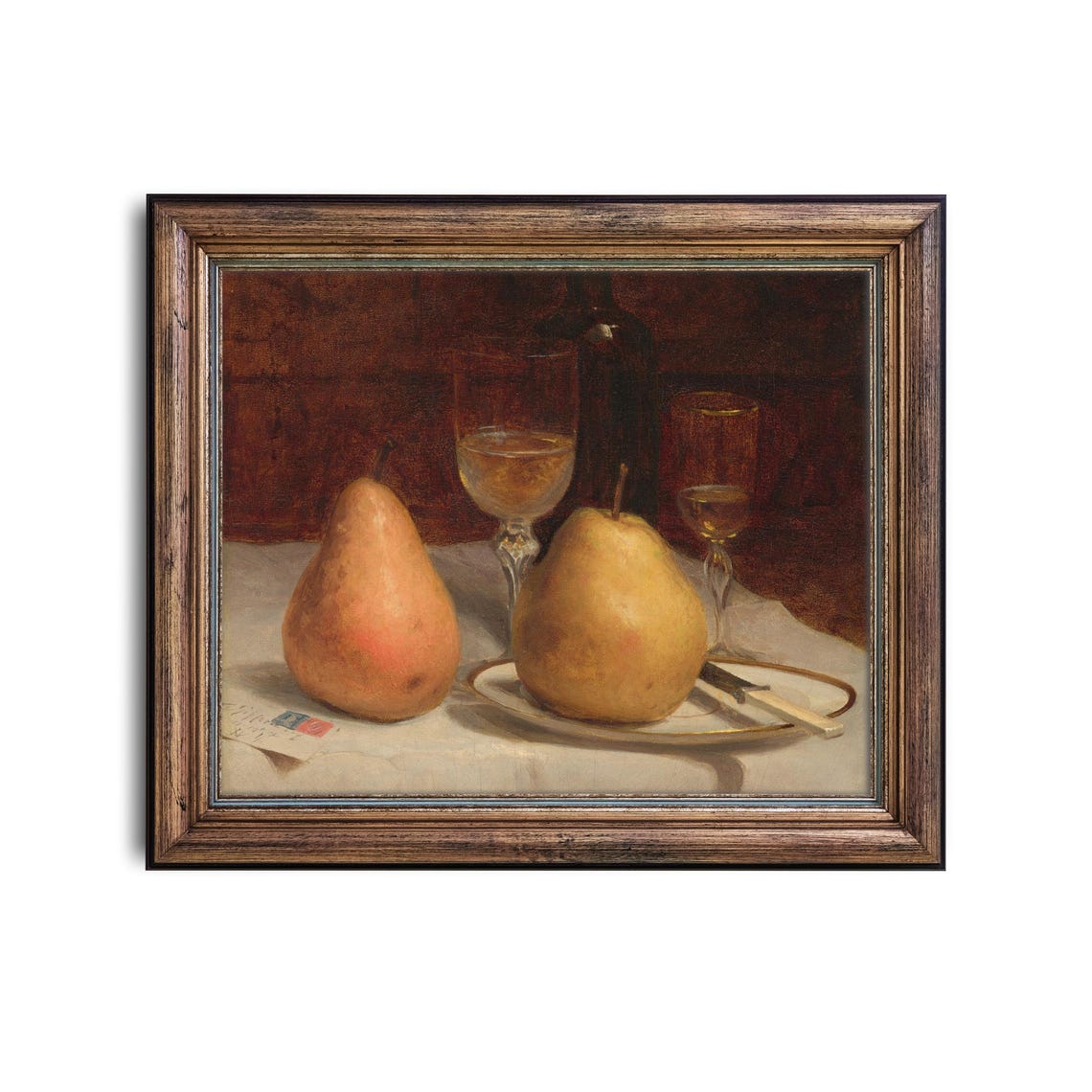 Two Pears and Wine Glasses Moody Vintage Still Life Art Poster - Image 4