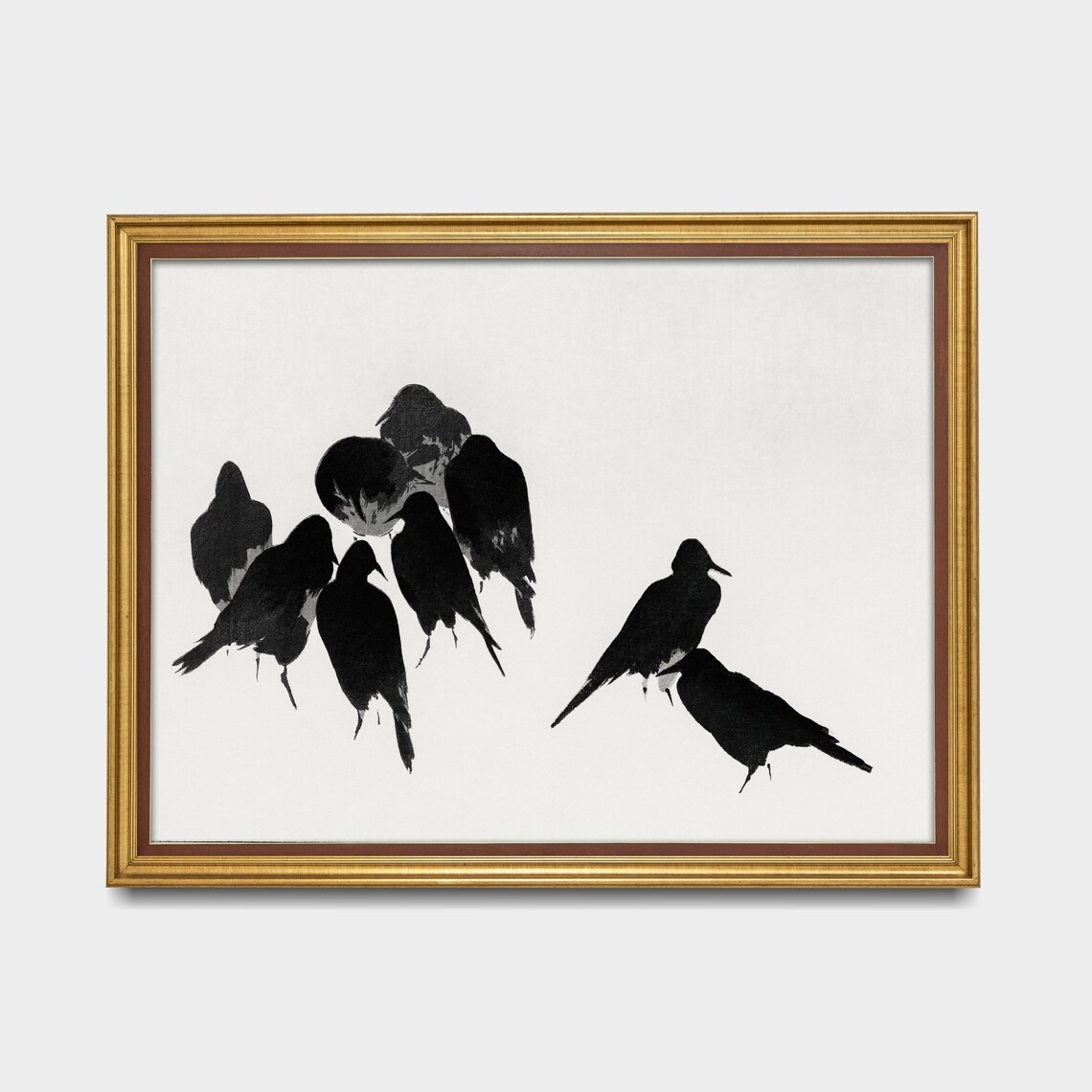 Japanese Ink Wash Painting of a Flock of Black Crows on White Poster - Image 2