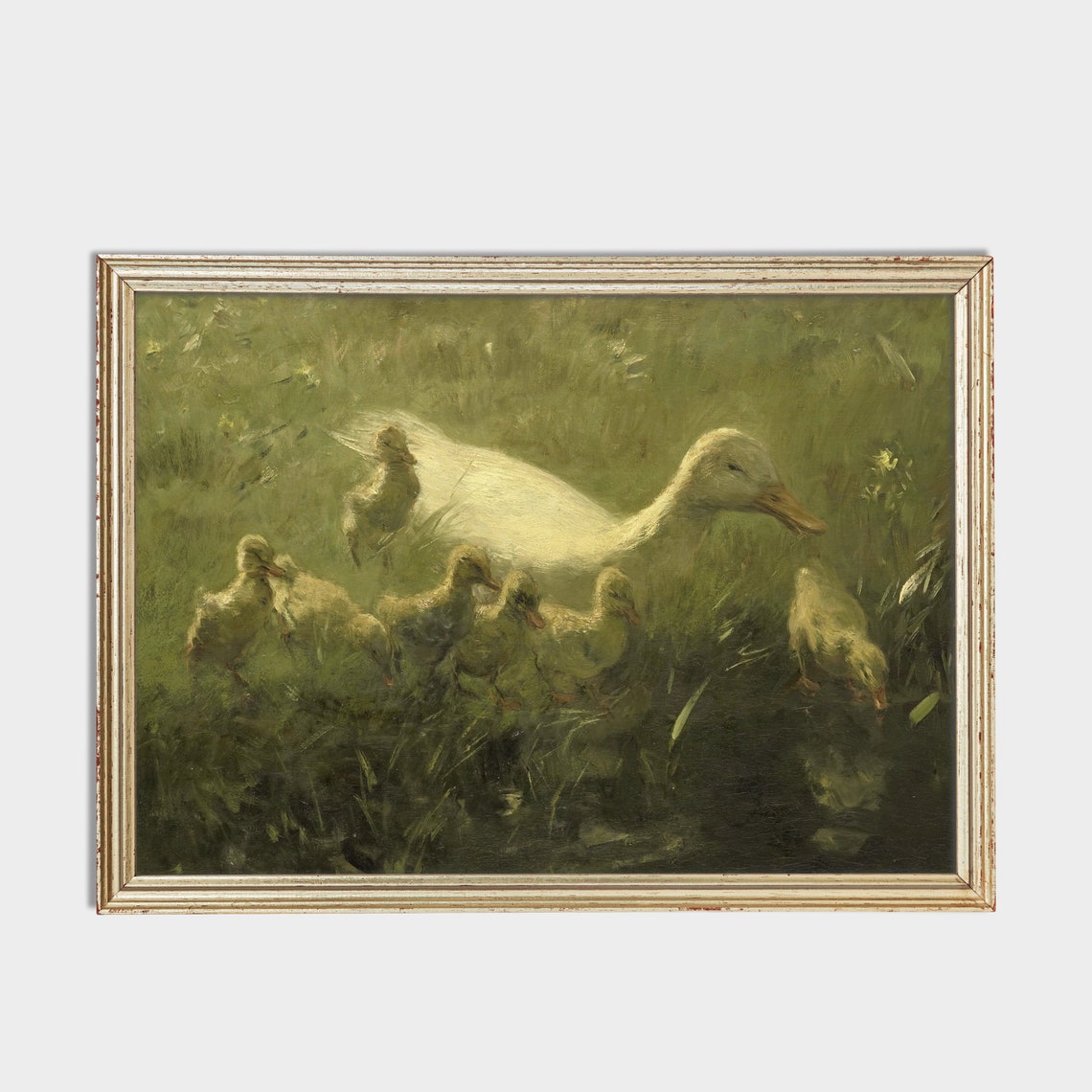 White Duck Leading Ducklings to Water Vintage Farmhouse Art Poster - Image 2