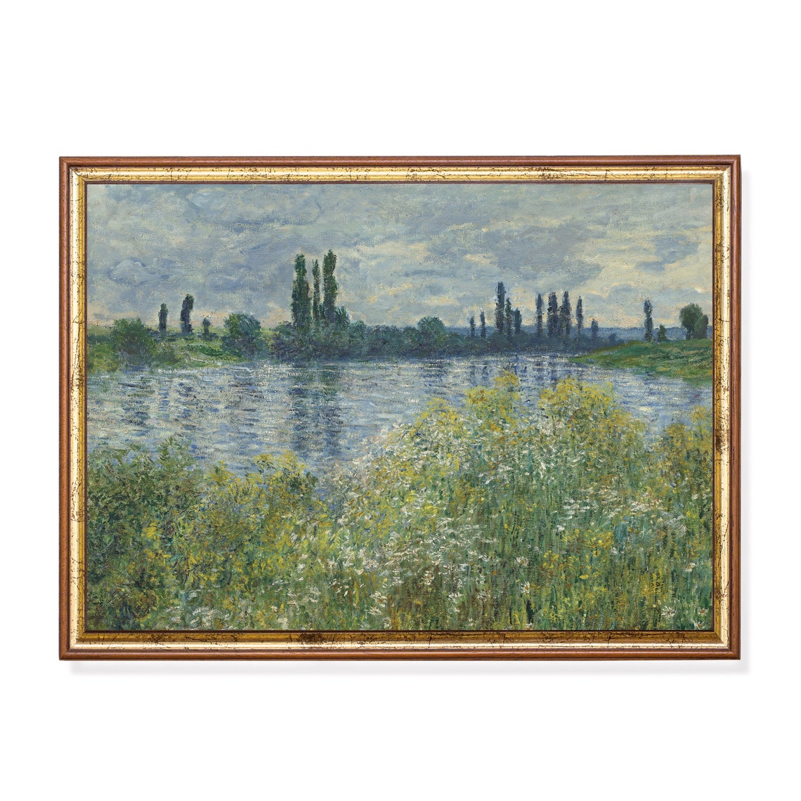 River With Tall Poplars And Wildflower Meadows Vintage Poster