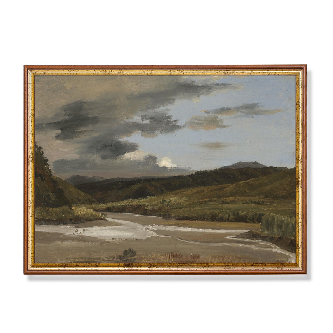 Wide River Estuary Through Green Hills Under Storm Clouds Poster