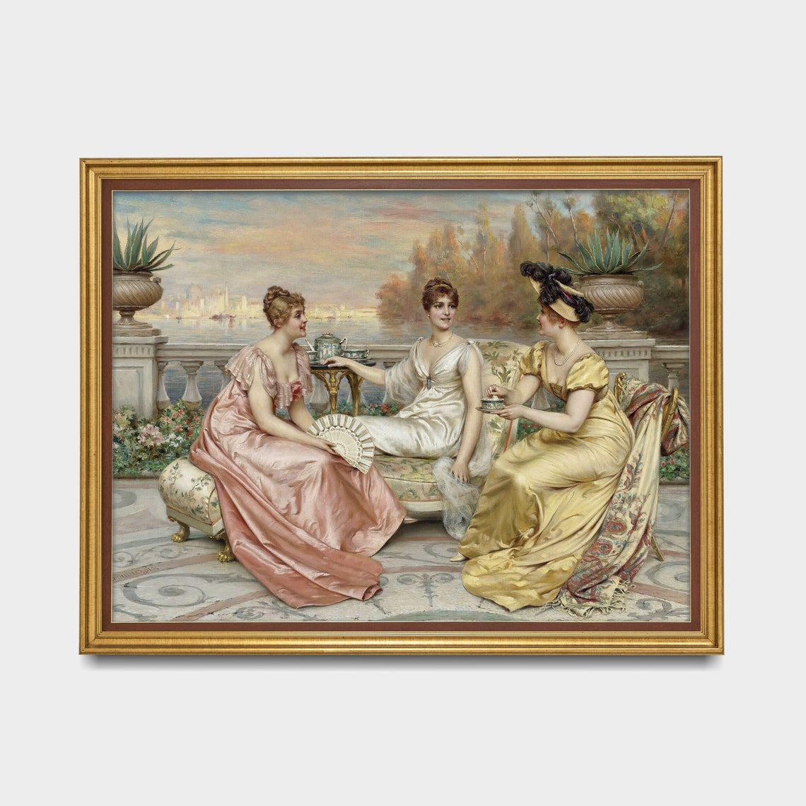 Three Elegant Women Enjoying Tea on a Terrace Vintage Painting Poster - Image 5