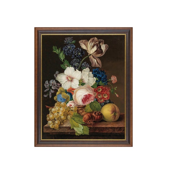 Print And Ship Vintage Still Life With Flowers With Grapes Antique Floral Painting Moody Rustic Print Mailed Art Still Life Fruits