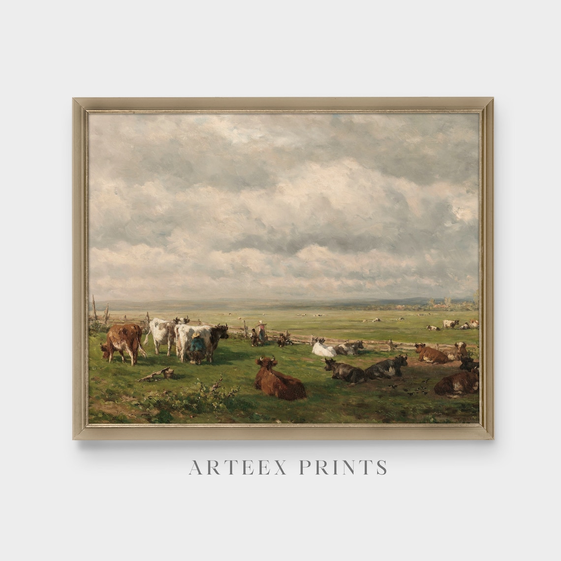 Cows in Meadow Vintage Landscape Oil Painting Print - Image 3