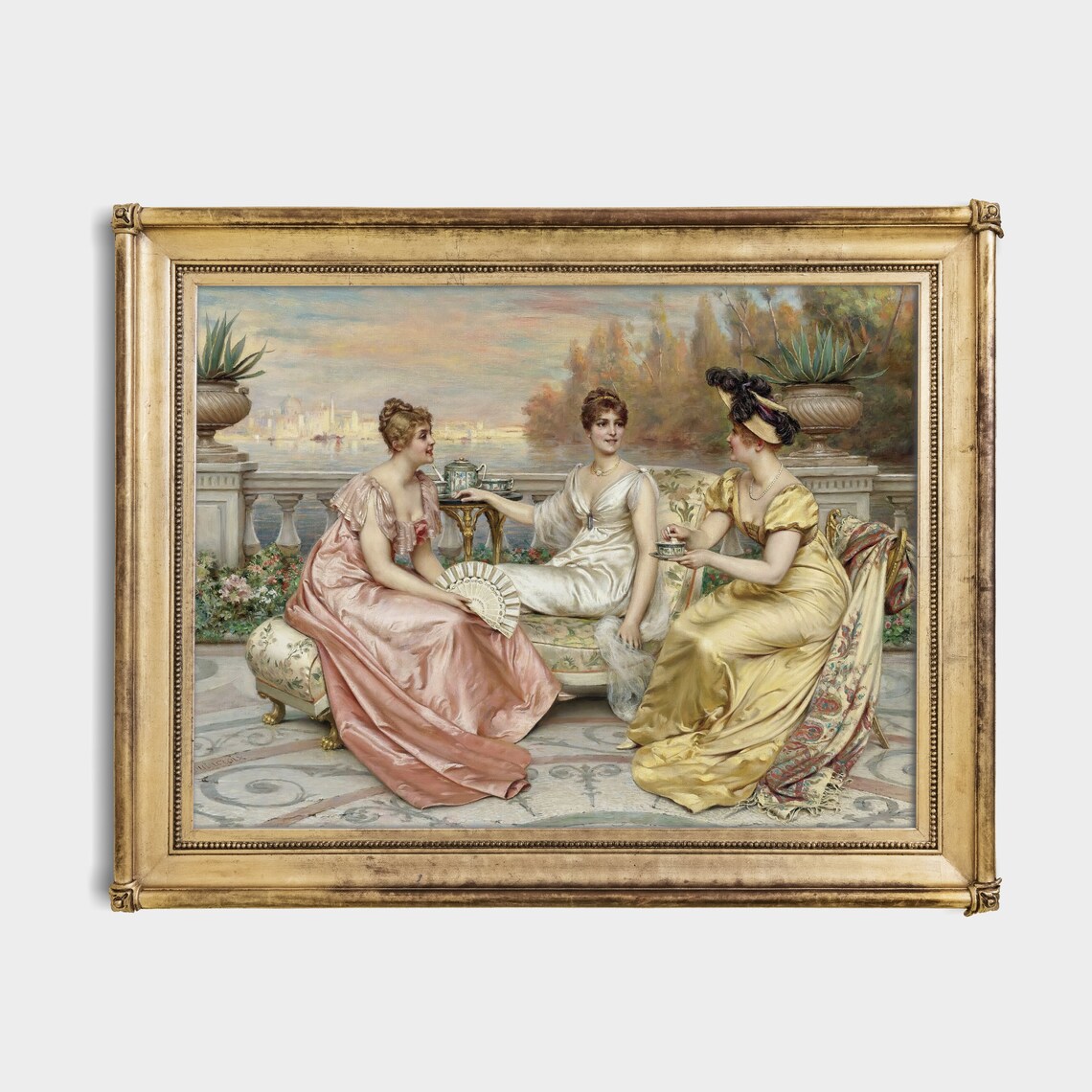 Three Elegant Women Enjoying Tea on a Terrace Vintage Painting Poster - Image 4