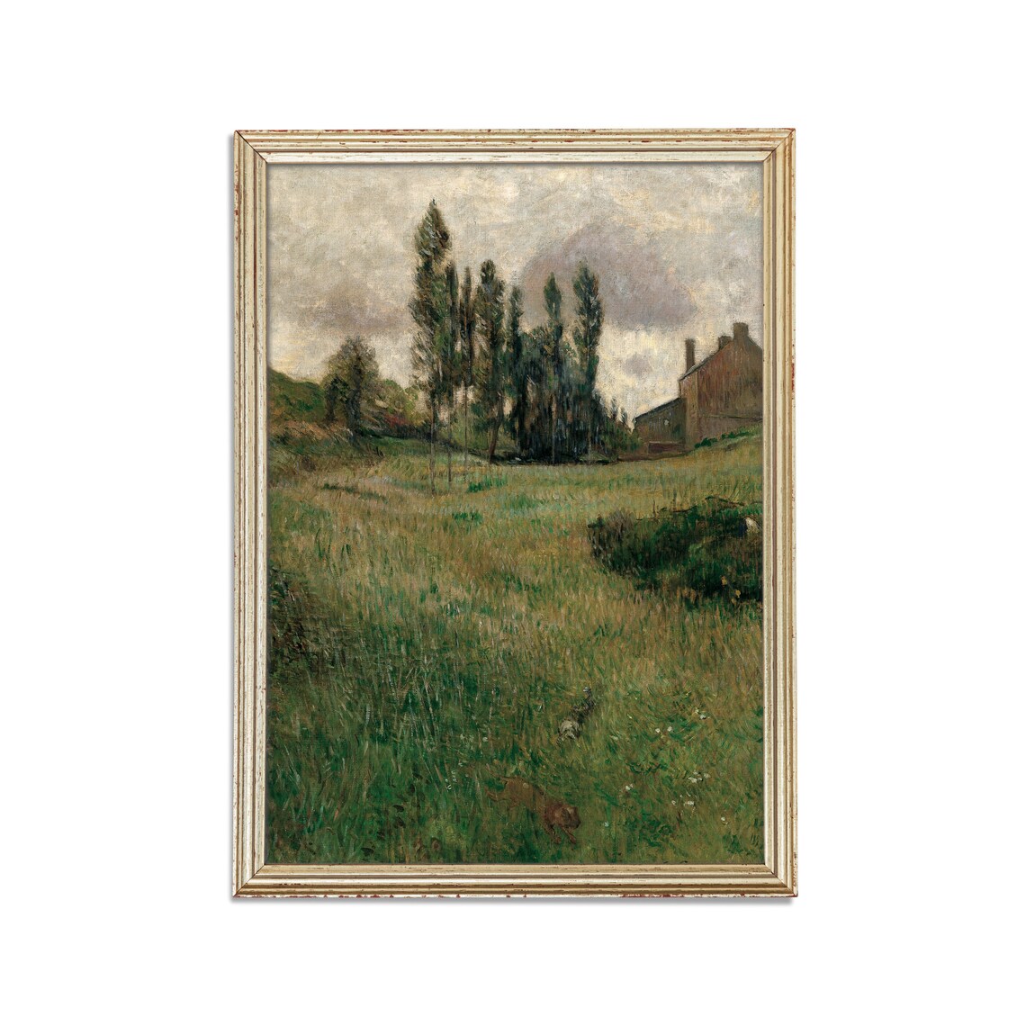 Poplar Trees and Farmhouse Meadow with Running Dogs Country Poster - Image 2