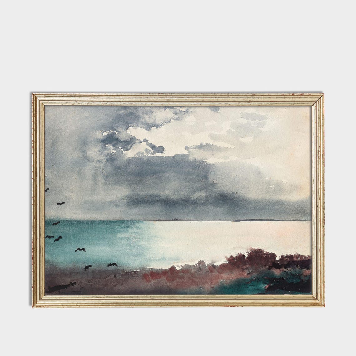 Teal Watercolor Seascape With Wheeling Birds and Clearing Sky Poster - Image 3