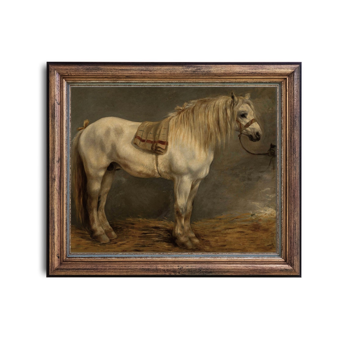White Draft Horse in a Stable Vintage Equestrian Portrait Poster - Image 2